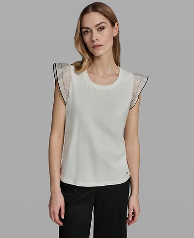 Karl Lagerfeld Paris Women's Ruffle-Sleeve Crewneck Top
