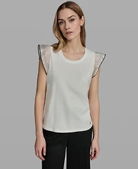 Karl Lagerfeld Paris Women's Ruffle-Sleeve Crewneck Top