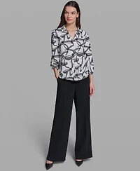 Karl Lagerfeld Paris Women's Bow Print Woven Collared Top