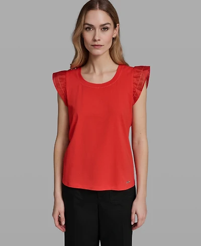 Karl Lagerfeld Paris Women's Ruffle-Sleeve Crewneck Top