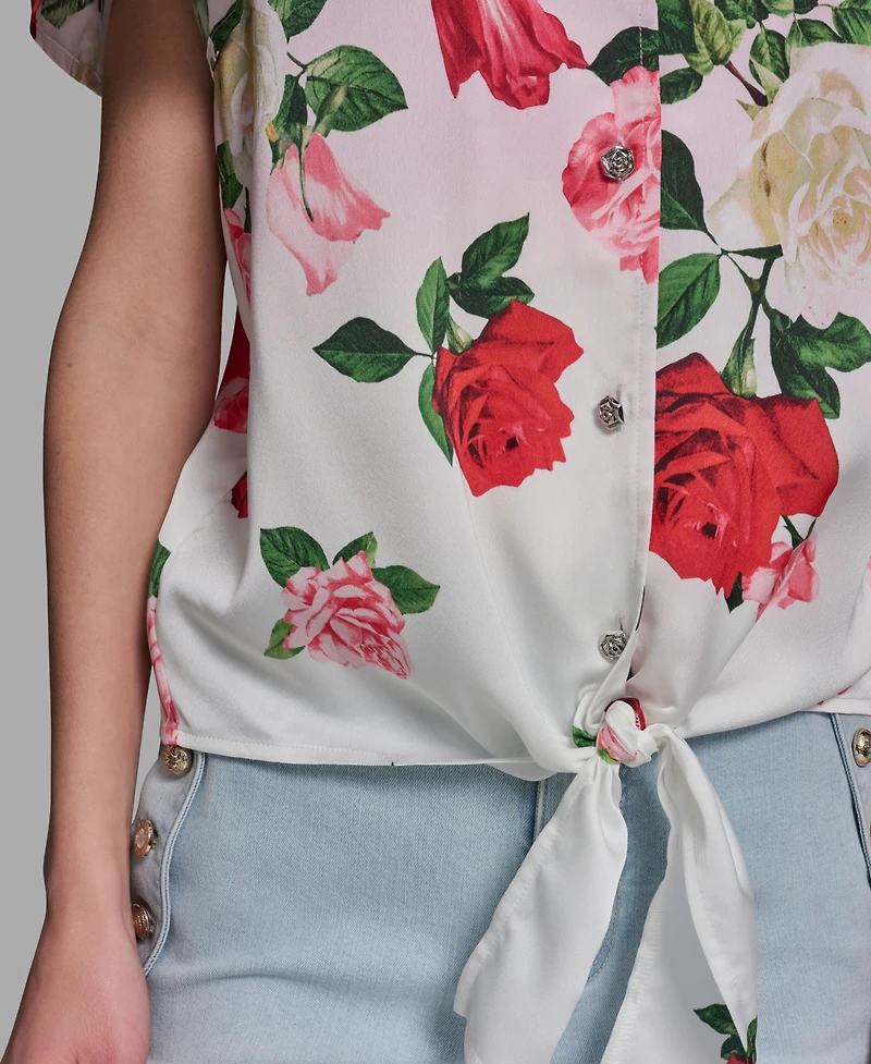 Karl Lagerfeld Paris Women's Printed Collared Tie-Front Polyester Top