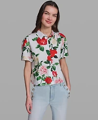 Karl Lagerfeld Paris Women's Printed Short-Sleeve Camp Shirt