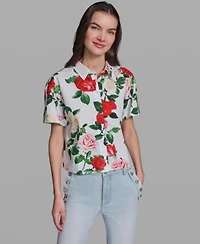 Karl Lagerfeld Paris Womens Printed Short Sleeve Camp Shirt