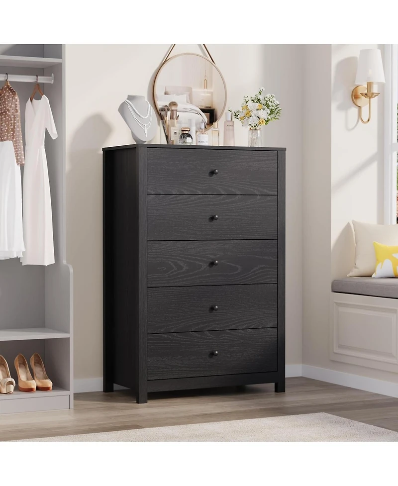 gaomon Modern 5 Drawer Wooden Dresser Chest, Tall Cabinet with Deep Storage Drawers, Metal Knobs, Versatile for Bedroom, Living Room.