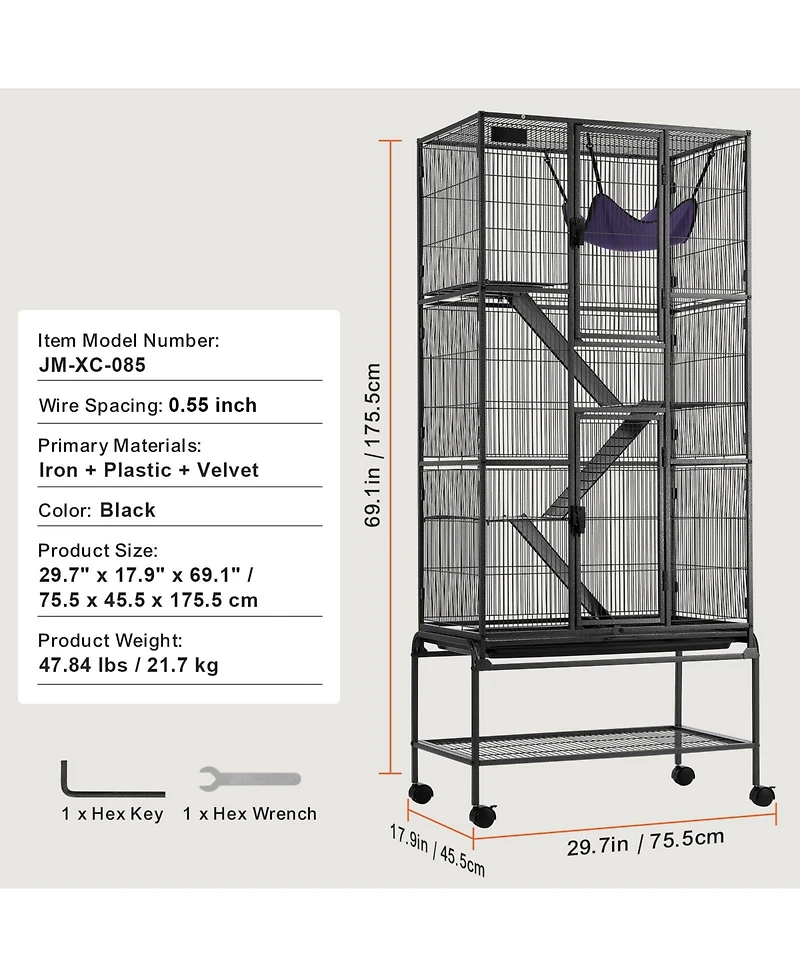 Zeus & Ruta 69 in. 4-Tier Metal Cat Enclosure with Rolling Base, Removable Tray, and 3 Ramps