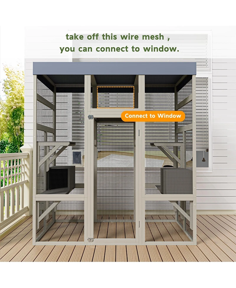 Zeus & Ruta 62.6" Outdoor Wooden Cat Enclosure with Waterproof Roof, Rust-Proof Wire, Lockable Access, Spacious Catio