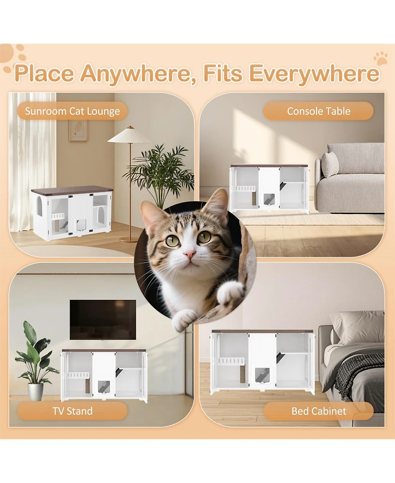 Zeus & Ruta 47.25" Led Light Litter Box Enclosure with Hidden Cat Furniture Cabinet, Stairway Scratching Post and Smart Doors