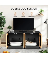 Zeus & Ruta Double-Cat Litter Enclosure Hidden Furniture with Rattan Doors, 47"L x 19.8"W x 21.8"H