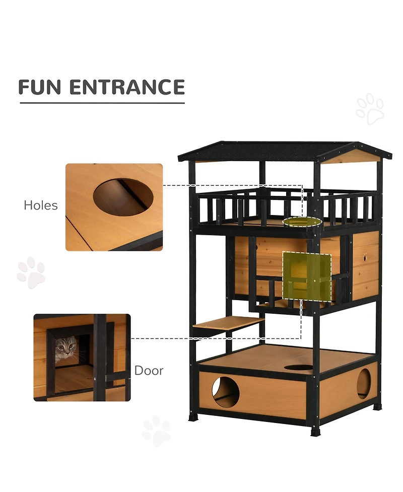 Zeus & Ruta Outdoor Multi-Cat Haven with Solid Wood, Asphalt Roof, Escape Doors, Condo Platform, Elevated Design