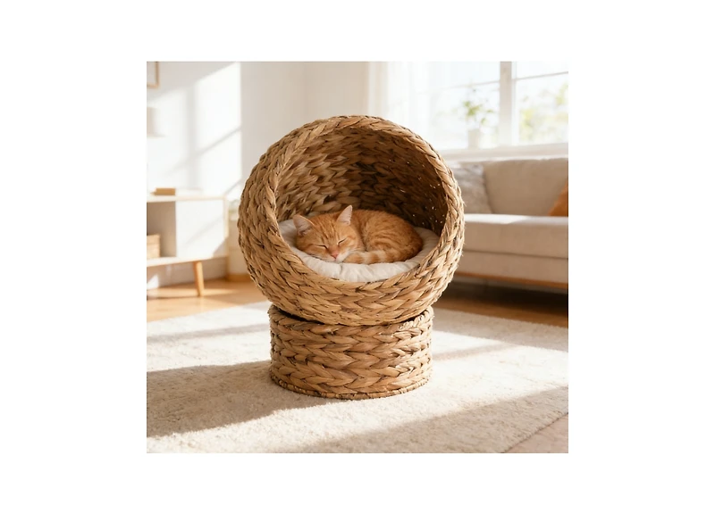 Zeus & Ruta Handwoven Cat Retreat: Elevated Bed with Soft Cushion and Egg-Shaped Design, Wicker Frame with Stand
