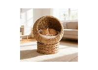 Zeus & Ruta Handwoven Cat Retreat: Elevated Bed with Soft Cushion and Egg-Shaped Design, Wicker Frame with Stand