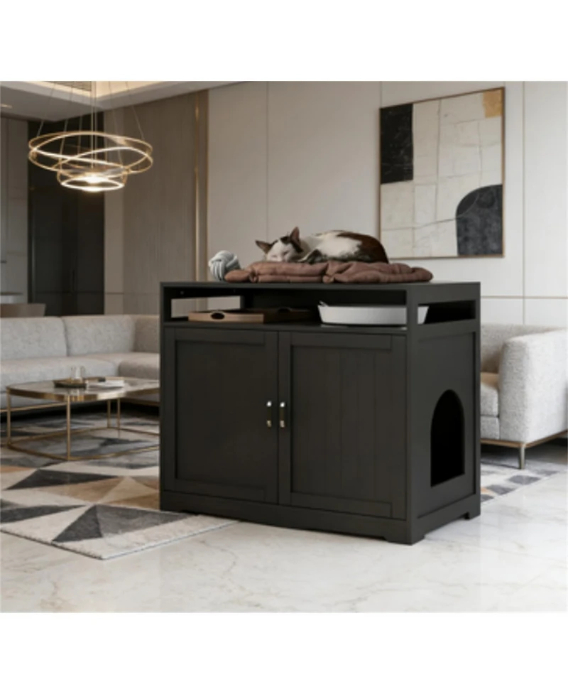 Zeus & Ruta Litter Box Enclosure with Hidden Plug 2 Doors Large Wooden Cat Washroom Bench