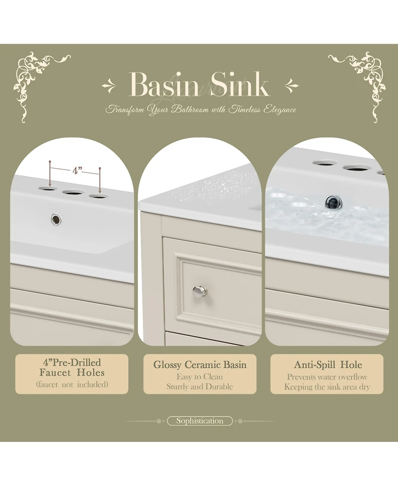 Busdays 36" Bathroom Vanity with Undermount Ceramic Sink, 4-Drawer Free Standing Cabinet, Solid Wood Frame,Finish