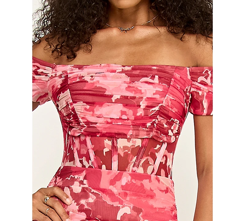 Katia Rae Juniors' Printed Off-The-Shoulder Corset Ruched Midi Dress