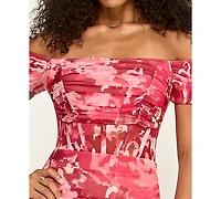 Katia Rae Juniors' Printed Off-The-Shoulder Corset Ruched Midi Dress