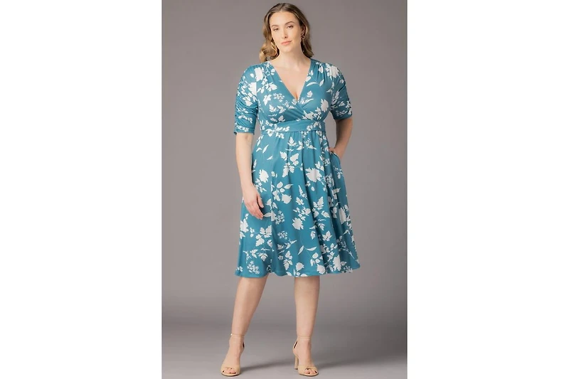 Kiyonna Plus Gabriella Ruched Sleeve Midi Dress with Pockets