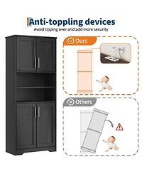 homfan 67" Tall Bathroom Cabinet, Freestanding Wooden Storage with 4 Doors, 2 Open Compartments, Adjustable Shelves, Microwave Stand