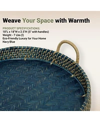 Wicker Village Round Rattan Serving Tray with Handles | Handmade Woven Cane Basket for Coffee Table Large 18x18 Navy Blue