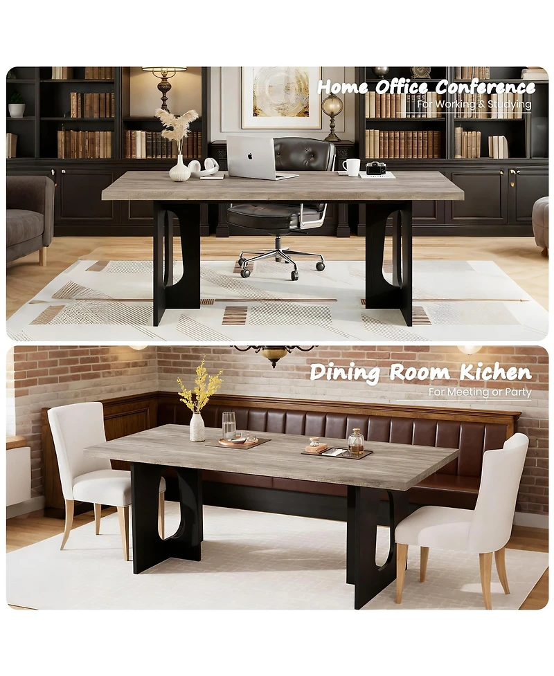homfan Modern Rectangular Dining Table for 6-8, 71" Wooden Tabletop, Metal Pedestal Legs, Rustic Farmhouse Style, Home, Apartment, Conference Room