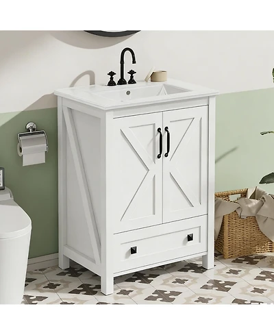 homfan Vanity with Ceramic Sink, Modern Bathroom 2 Doors and 1 Storage Drawer, Freestanding Cabinet Design