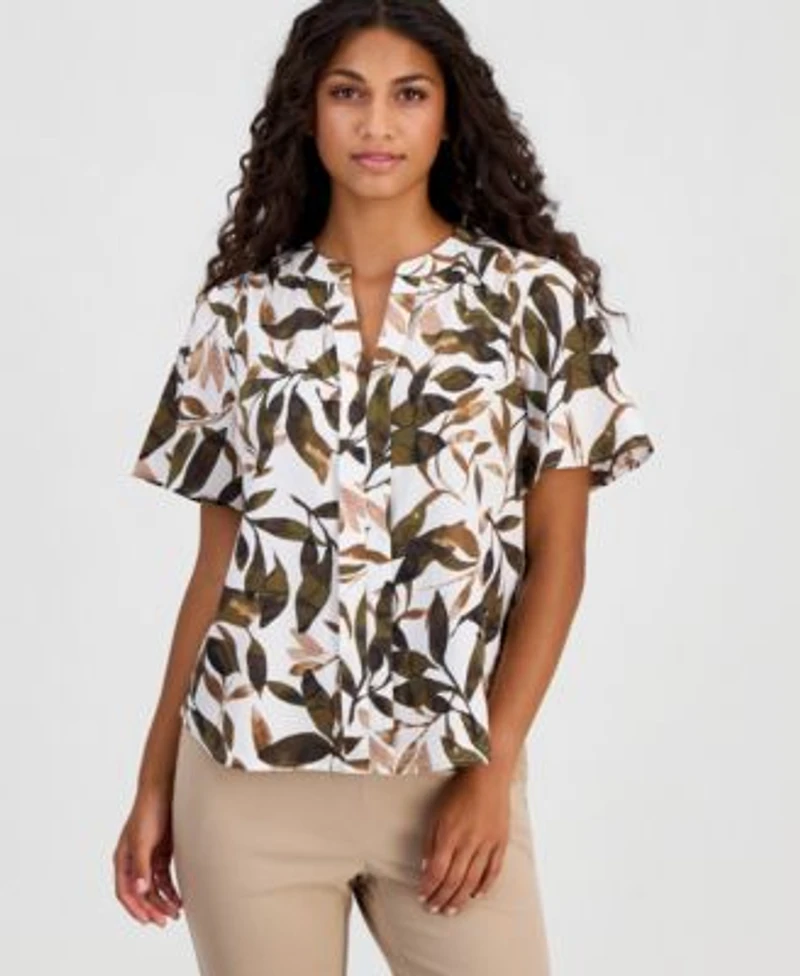 Anne Klein Essentials Womens Printed Flutter Sleeve Top