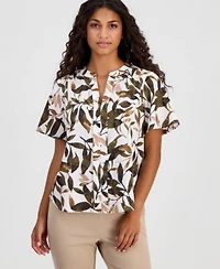 Anne Klein Essentials Womens Printed Flutter Sleeve Top