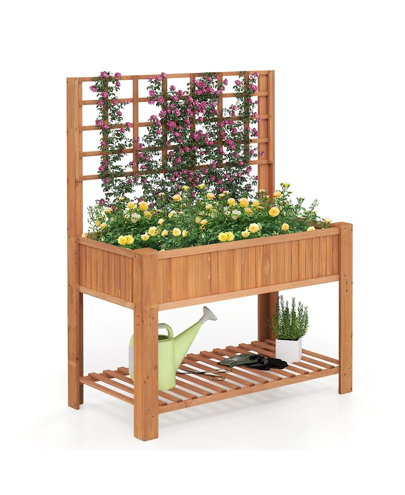 Gouun Fir Wood Raised Garden Bed with Trellis and Storage Shelf, 45 x 23 x 59 in Elevated Planter