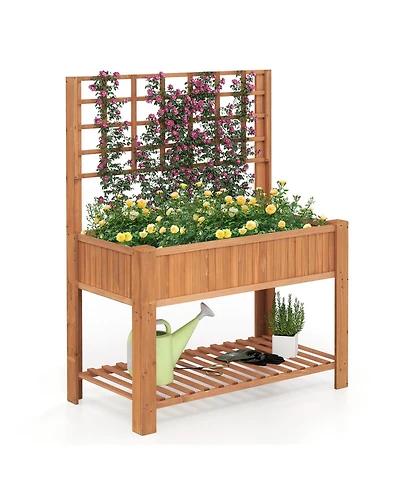 Gouun Fir Wood Raised Garden Bed with Trellis and Storage Shelf, 45 x 23 x 59 in Elevated Planter