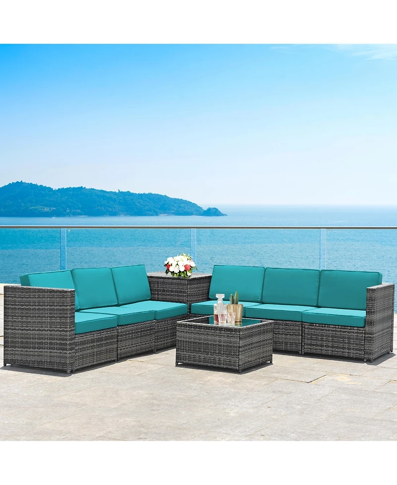 Gymax 8 Piece Rattan Outdoor Patio Sofa Sectional Conversation Furniture Set w/ Cushions and Coffee Table