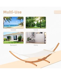 Outsunny 1-Person Hammock with Stand Set for Outside & Inside, 154" x 47" Wooden Frame, Cotton Fabric Bed, Safety Cords, 330 lbs. Weight Capacity, Ind