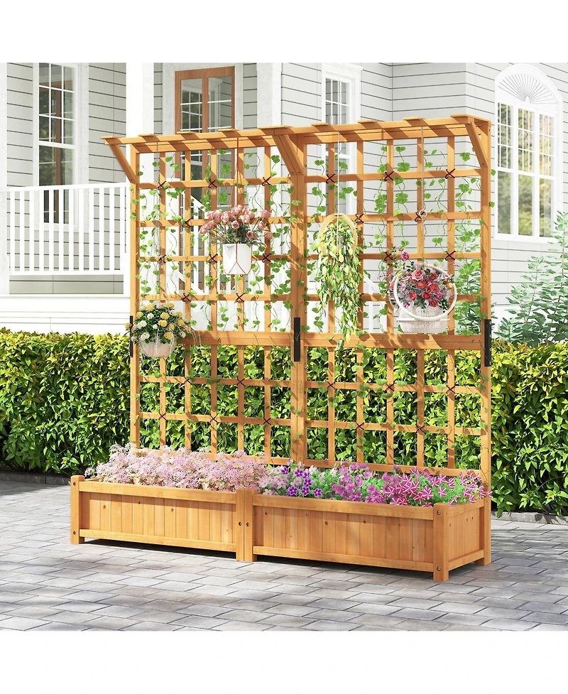 Gouun 71 in Wooden Planter with Trellis and Hanging Roof, 3-in-1 Fir Wood Garden Station