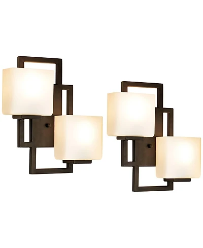 Possini Euro Design Modern Wall Light Sconces Set of 2 Bronze Hardwired High 2-Light Fixture Square Opal Glass for Bedroom