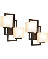 Possini Euro Design Modern Wall Light Sconces Set of 2 Bronze Hardwired High 2-Light Fixture Square Opal Glass for Bedroom