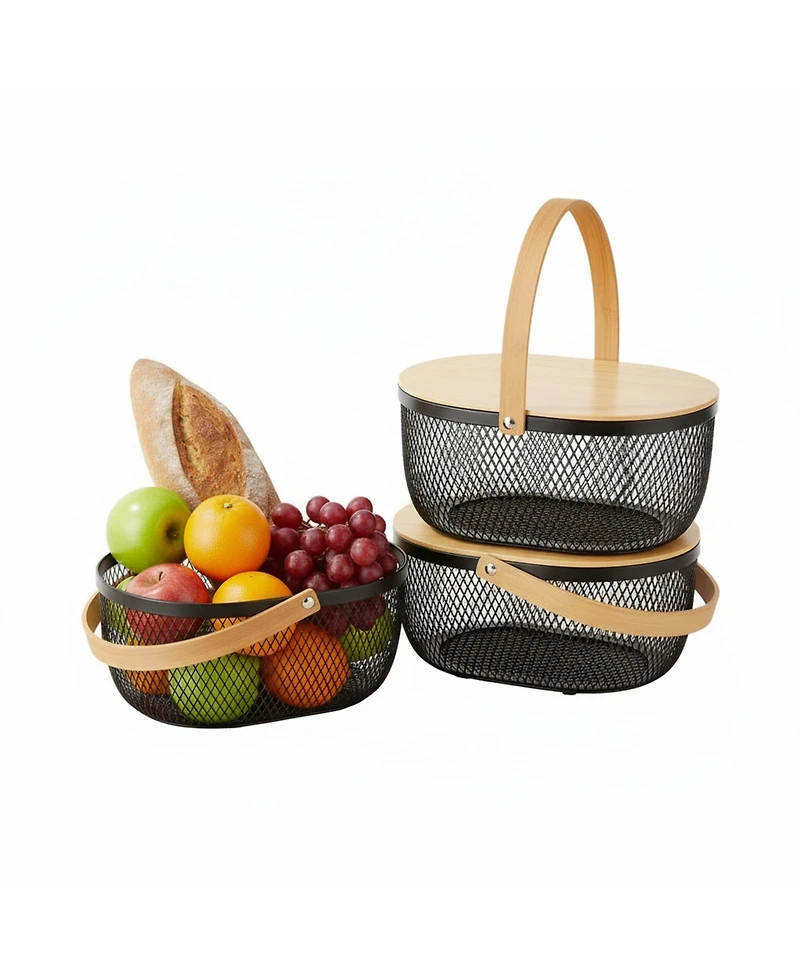 Yigii 4 Stackable Metal Mesh Fruit Baskets With Lids Oval Wire Storage Handles Pantry Organizer For Kitchen Vegetables