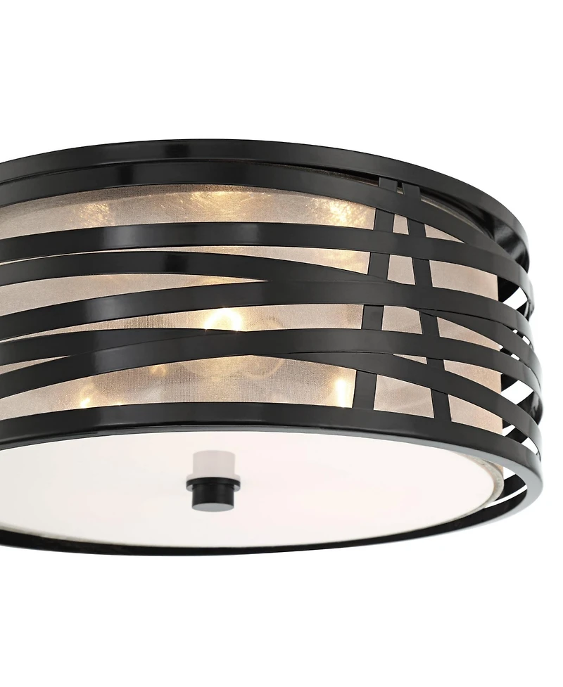 Possini Euro Design Cassia Modern Industrial Ceiling Light Flush Mount Fixture 15" Gloss Black 3-Light Champagne Shade for Bedroom House