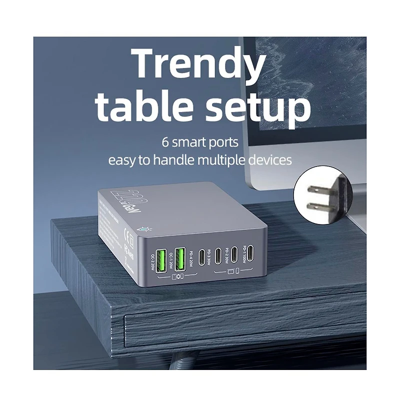 Artudatech 6-Port GaN Desktop Charging Station - 220W Fast Charger with Pd & Qc