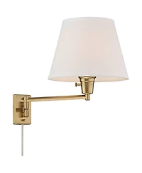 360 Lighting Clement Modern Swing Arm Wall Lamps Set of 2 with Cord Covers Warm Brass Plug-in Light Fixture Linen Drum Shade for Bedroom Bedside