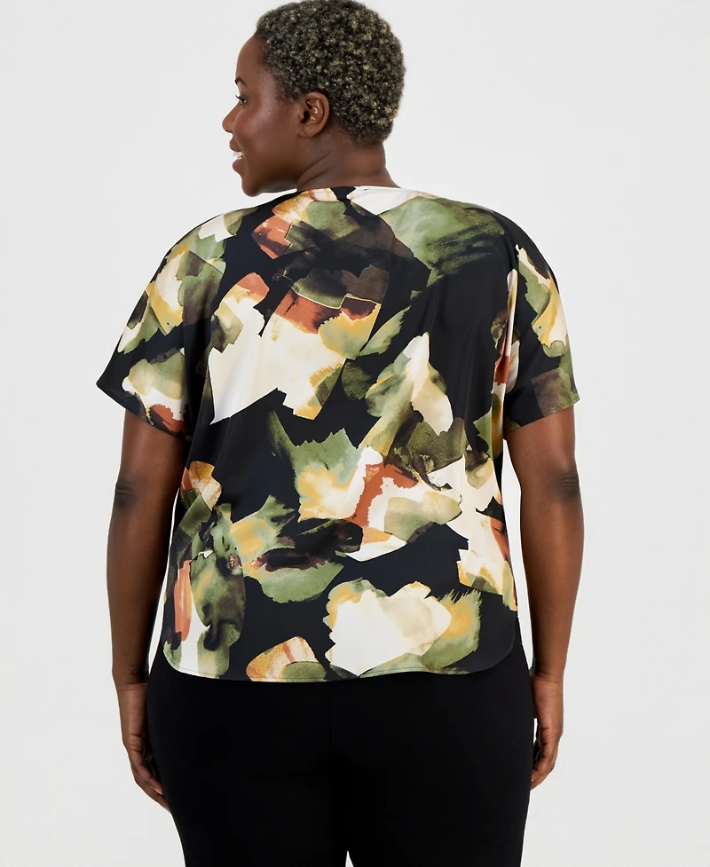 Anne Klein Plus Printed Boat-Neck Short-Sleeve Top