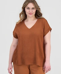Anne Klein Plus Ribbed Knit Cap Sleeve Top