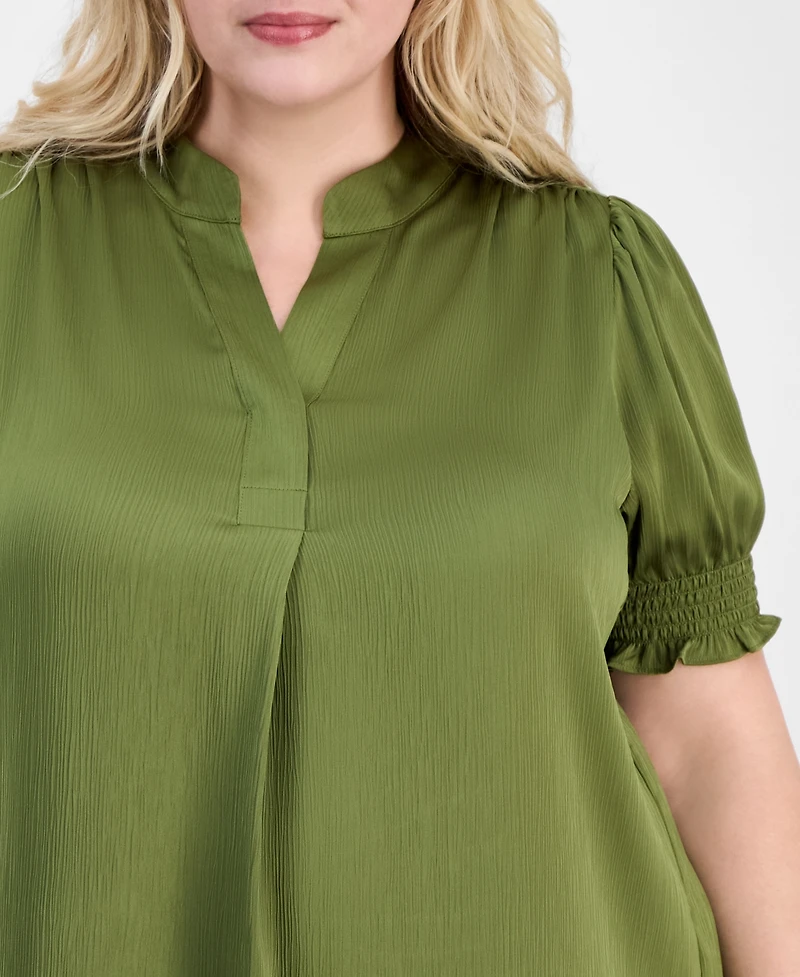 Anne Klein Plus Y-Neck Short Puff Sleeve Blouse