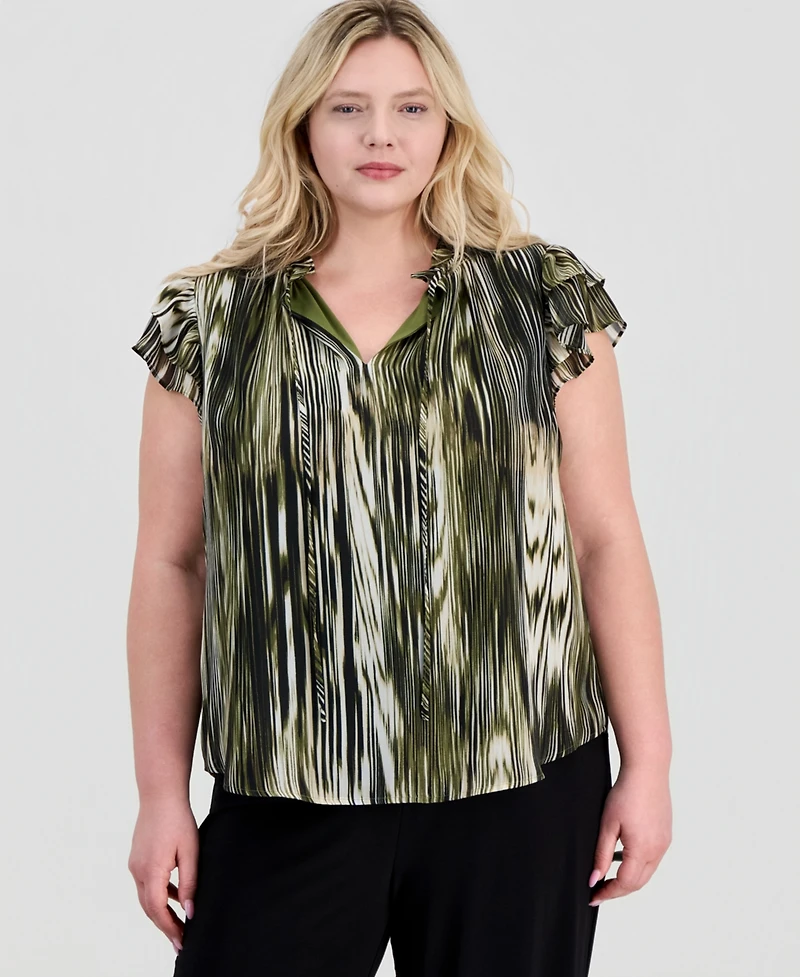 Anne Klein Plus Ruffle-Sleeve Tie-Neck Blouse