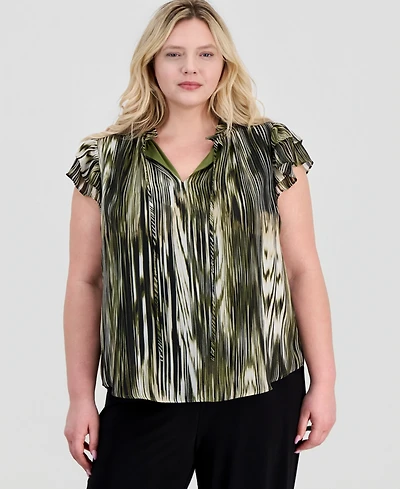 Anne Klein Plus Ruffle-Sleeve Tie-Neck Blouse