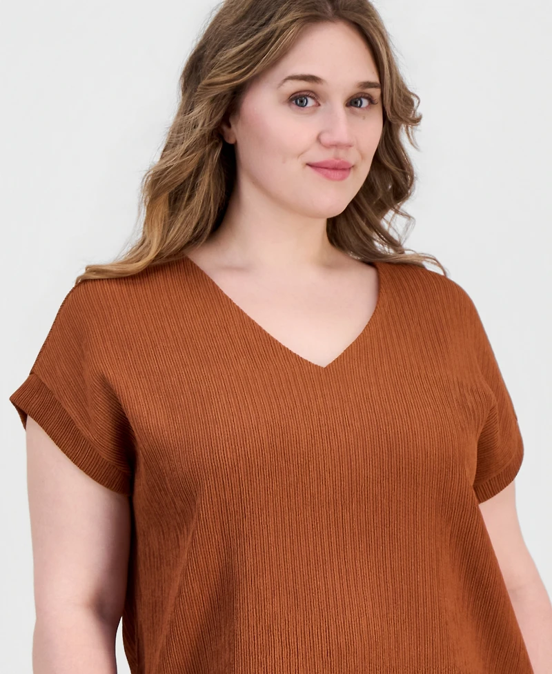 Anne Klein Plus Ribbed Knit Cap Sleeve Top