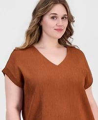 Anne Klein Plus Ribbed Knit Cap Sleeve Top