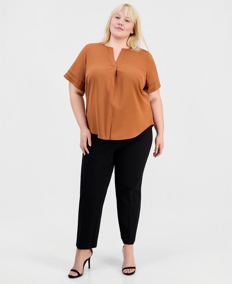 Anne Klein Essentials Plus V-Neck Pleated Popover Top