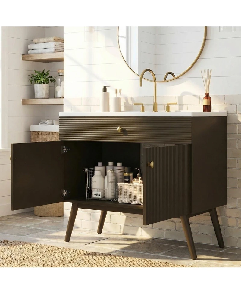 Sillysis 36 Inch Modern Freestanding Bathroom Vanity with Soft Close Doors, Striped Cabinet and Ceramic Sink for Luxury Storage