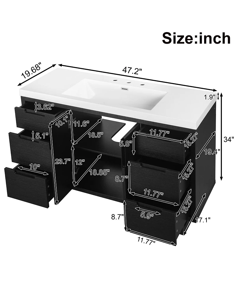 Sillysis 47.2 Inch Bathroom Vanity with Sink, Modern Freestanding Cabinet, 6 Soft Close Drawers, Smc Resin Top, Ample Storage