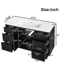Sillysis 47.2 Inch Bathroom Vanity with Sink, Modern Freestanding Cabinet, 6 Soft Close Drawers, Smc Resin Top, Ample Storage