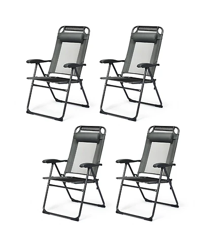 Gymax 4PC Folding Chairs Adjustable Reclining Chairs with Headrest Patio Garden Grey