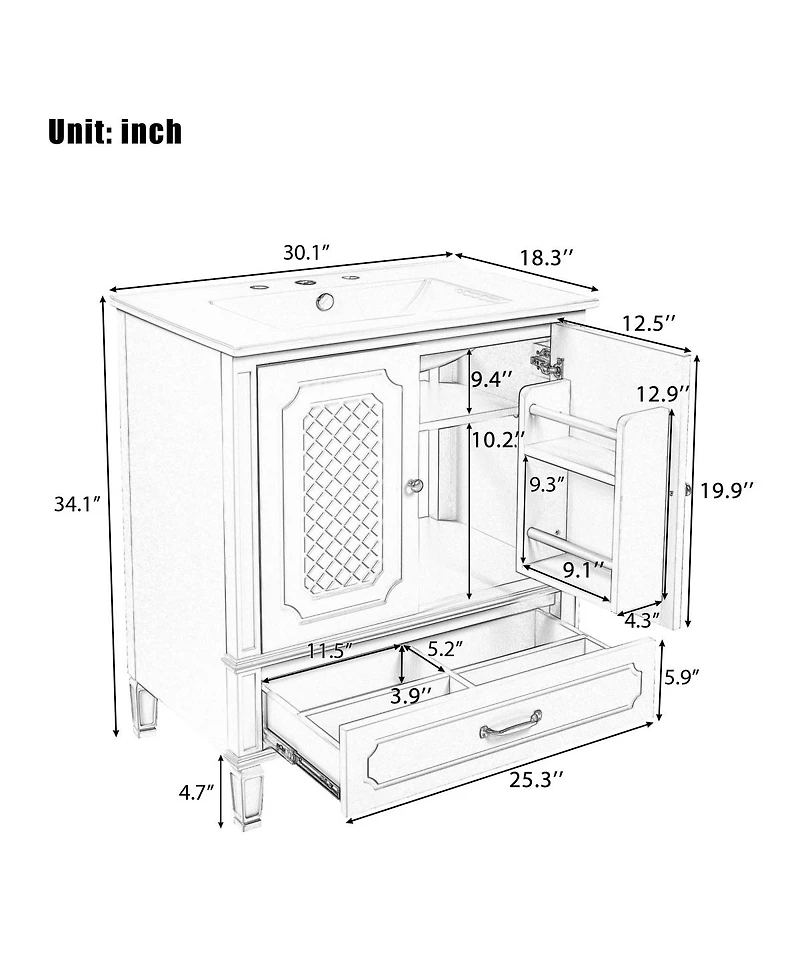 Sillysis 30 Inch Bathroom Vanity with Sink, Acacia Wood Freestanding Cabinet, Soft Closing Door, Ceramic Top, Drawer Storage